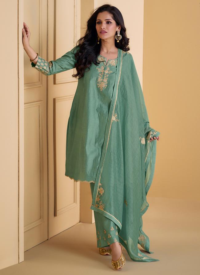 Pure Real Silk Green Casual Wear Embroidery Work Readymade Plazzo Suit